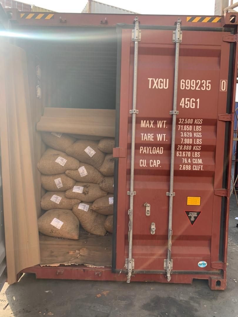 Container TXGU 699235 0, a 45G1 high cube, with jute sacks of raw cashew nuts at the door